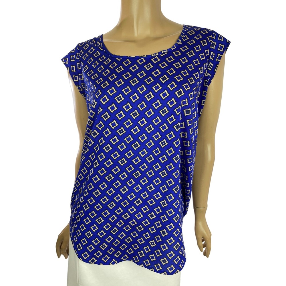 Daniel Rainn Size S Pullover Top Blouse Blue w Beige Design Cap Sleeve Polyester